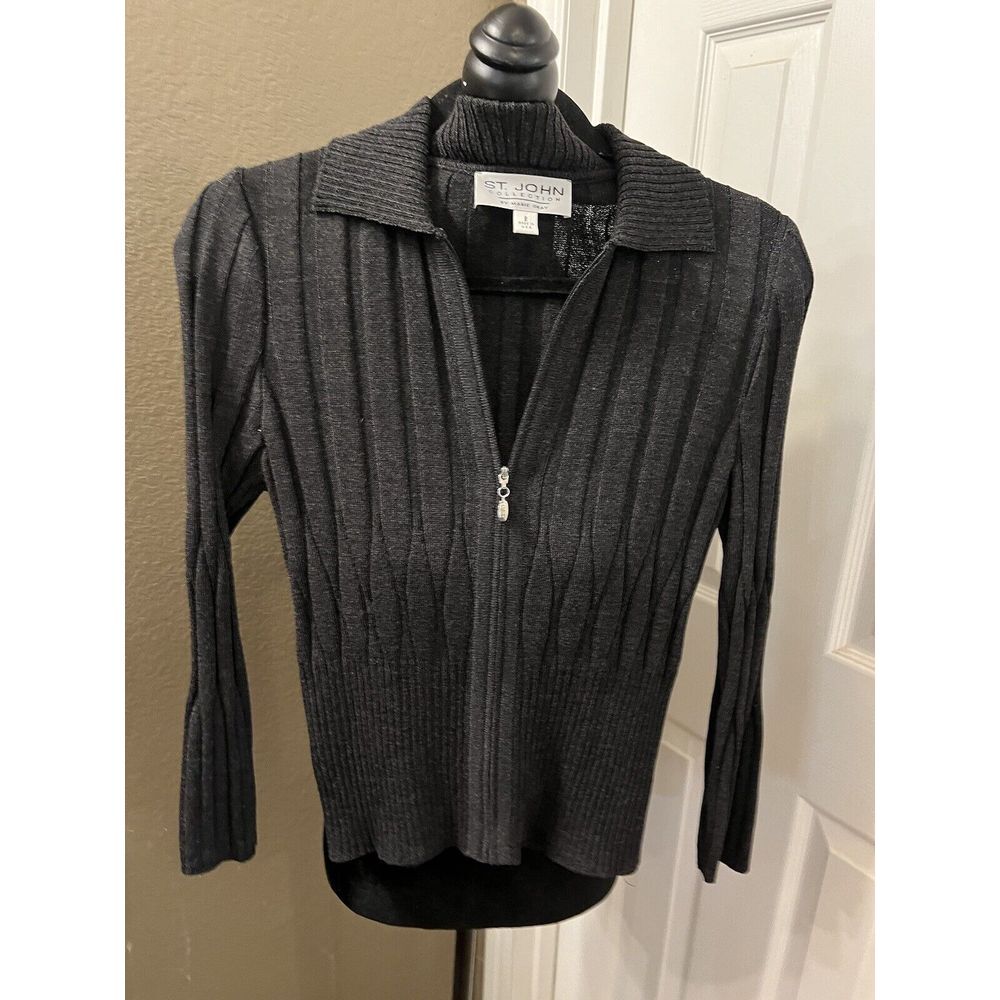 Vintage St‎ Johns Marie Gray Knit Sweater Size 2 Zippered Made In USA